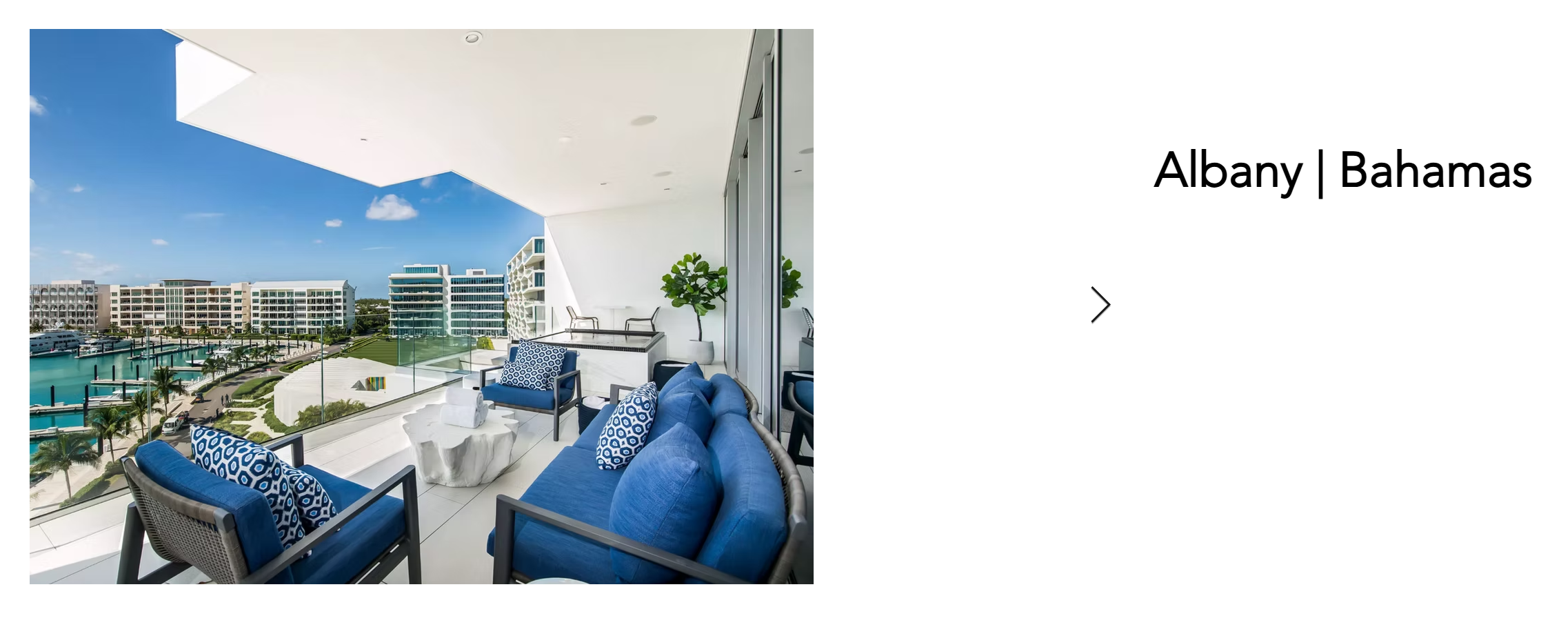Albany luxury marina resort balcony with impact glass walls, Bahamas